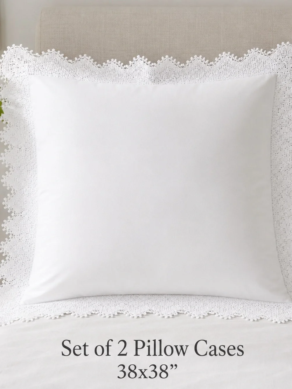 Set of 2 White Pillow Cases border crochet linen cotton blend 38x38